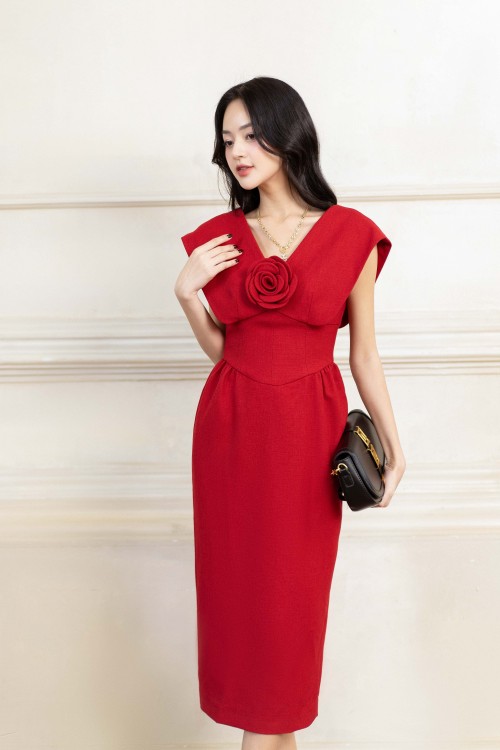Sixdo Dark Red V-neck Midi Raw Dress